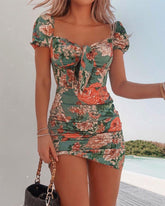 Women Summer Sexy Short Sleeve Floral Mini Bow Design Ruched Casual Bodycon Dress Puff Sleeve Floral Square Neck Tie Front Dress